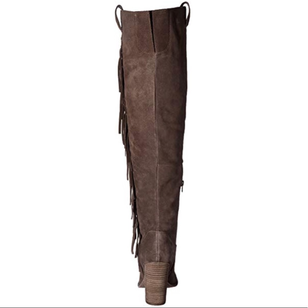 Leather Taupe Over The Knee Block Heel Fringe Boot - Picture 5 of 6